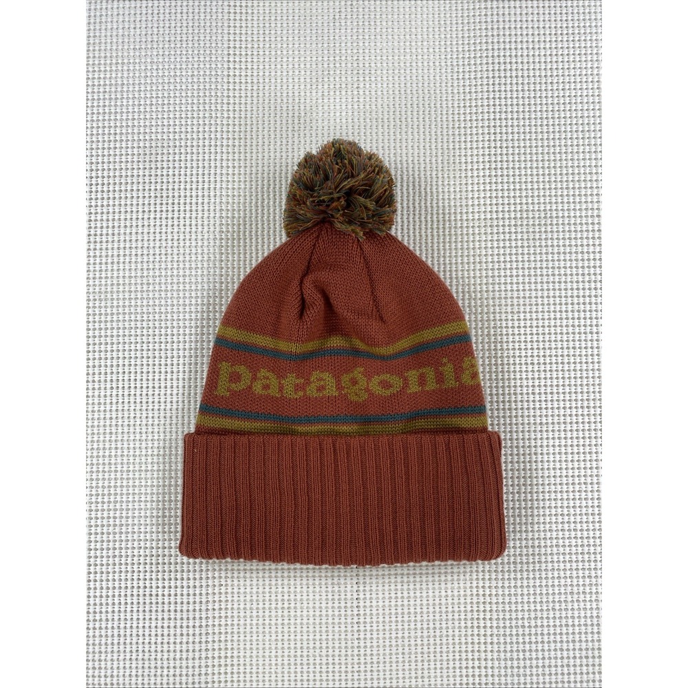 Patagonia Powder Town Pom Beanie Park Stripe Knit Spanish Red - Picture 2 of 9